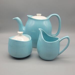 Mid Century Modern Blue Speckled Tea Set Teapot Creamer & Sugar Bowl Set